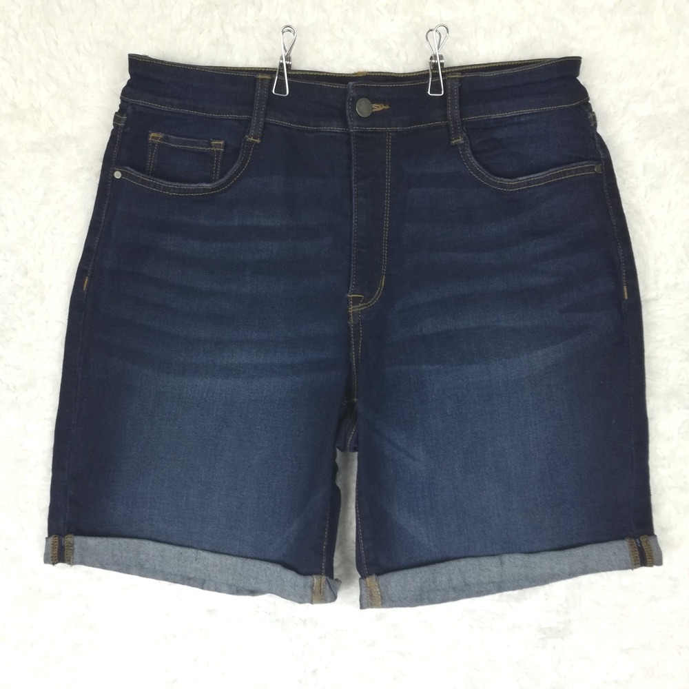 Nine West Womens Shorts Bermuda Blue Denim Dark Wash Whiskering Cuffed 14